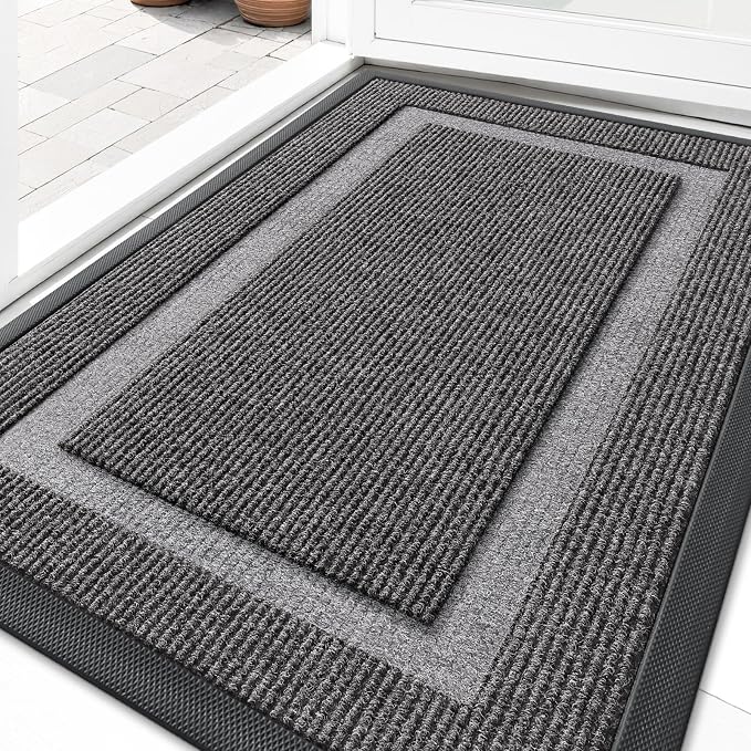 OLANLY Front Door Mat Indoor Outdoor Entrance, Waterproof All-Season, All-Weather Doormat, Sturdy Natural Rubber, Fade Resistant, Low Profile, Easy Clean Patio Porch Entryway Mat, 29.5x17, Dark Grey by OLANLY