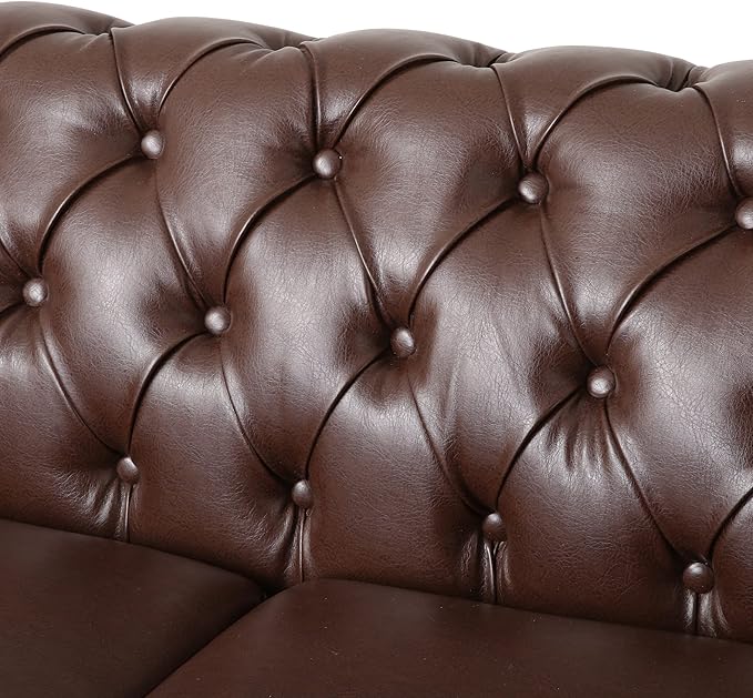 Merax Upholstered PU Chesterfield 3 Seat Sofa, Classic Retro Style Leather Couch Rolled Arm for Living Room Bedroom Office, Dark Brown