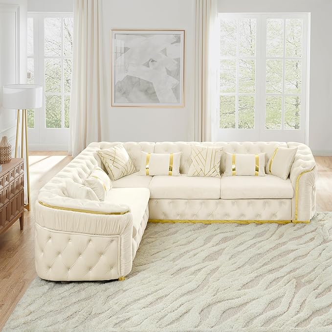 KEIKI 111" L-Shaped Luxury Velvet Chesterfield Sectional Sofa with Gold Stainless Steel Accents and 7 Pillows, Mid-Century Oversized 5-Seater Button Tufted Couch, Easy Assembly, for Living Room, Beige