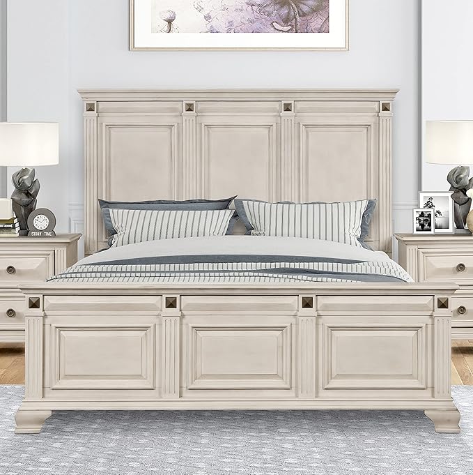 Roundhill Furniture Renova Distressed Parchment Wood Bedroom Set, King Panel Bed, Dresser, Mirror, Nightstand, Chest