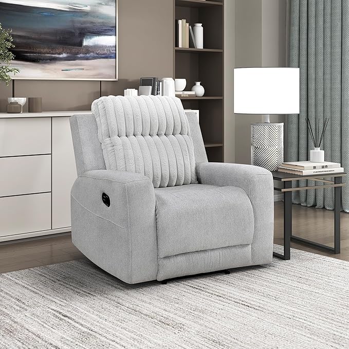 Lexicon Modern Recliner Chair for Living Room, Manual Wall Hugger Textured Microfiber Reclining Chair, Plush Corduroy Channel Seat Back, Manual Recliner, Light Gray