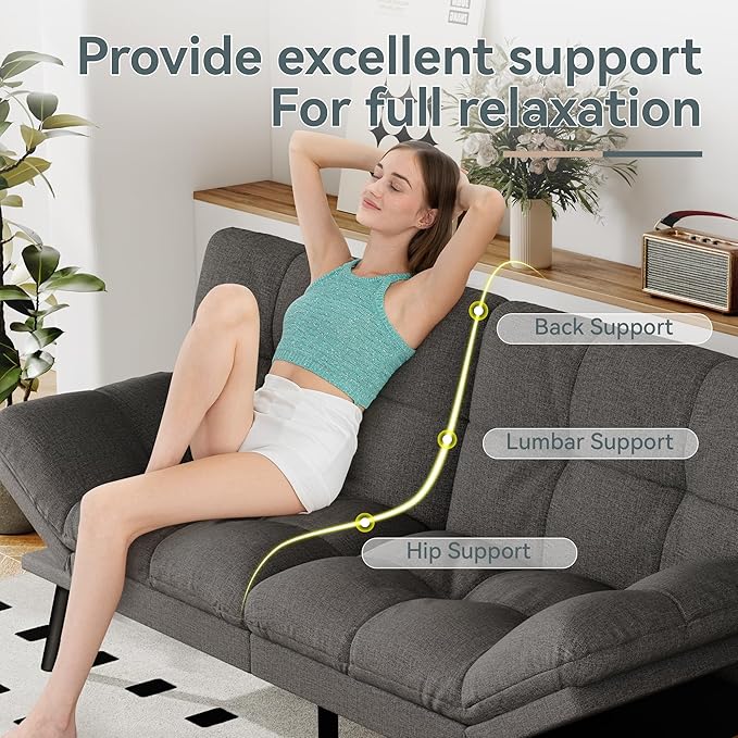 Futon Sofa Bed Convertible Couch, Grey Linen Sofa Bed with Memory Foam, Adjustable Backrest & Armrests, Multifunctional Small Loveseat Sleeper Sofa for Living Room, Apartment, Office
