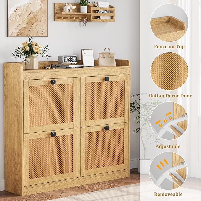 GarveeHome Shoe Cabinet Rattan with 4 Flip Drawers, Wooden Freestanding Shoe Organizer with Adjustable Shelves, Shoe Storage for Entryway, Closet, Hallway - Image 5