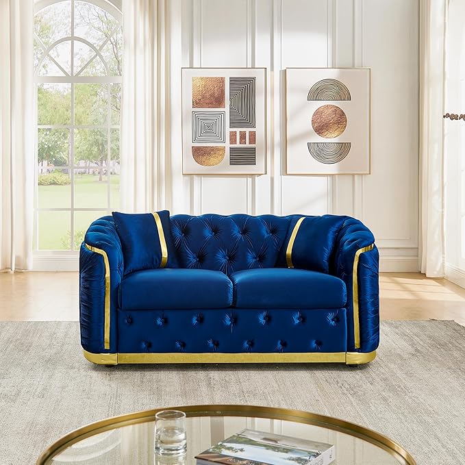 KEIKI 63" Luxury Oversized Velvet Chesterfield Sofa with 2 Pillow & Gold Stainless Decoration, Italian Modern Style 2-Seater Button Tufted Couch with Rolled Arms, Easy Assembly, for Living Room, Navy
