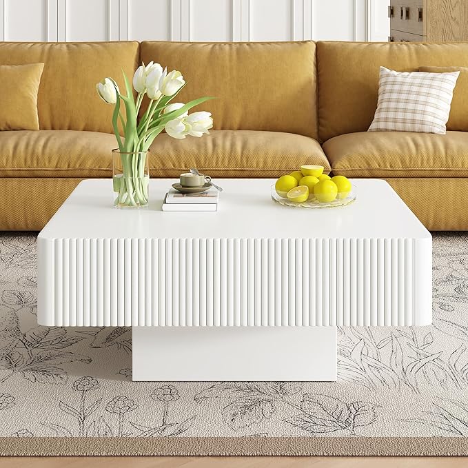 Merax Modern Square Coffee Table with Sturdy Base, Wood Minimalist Fluted Center Tables for Living Room Reception Room, Easy Assemble, White