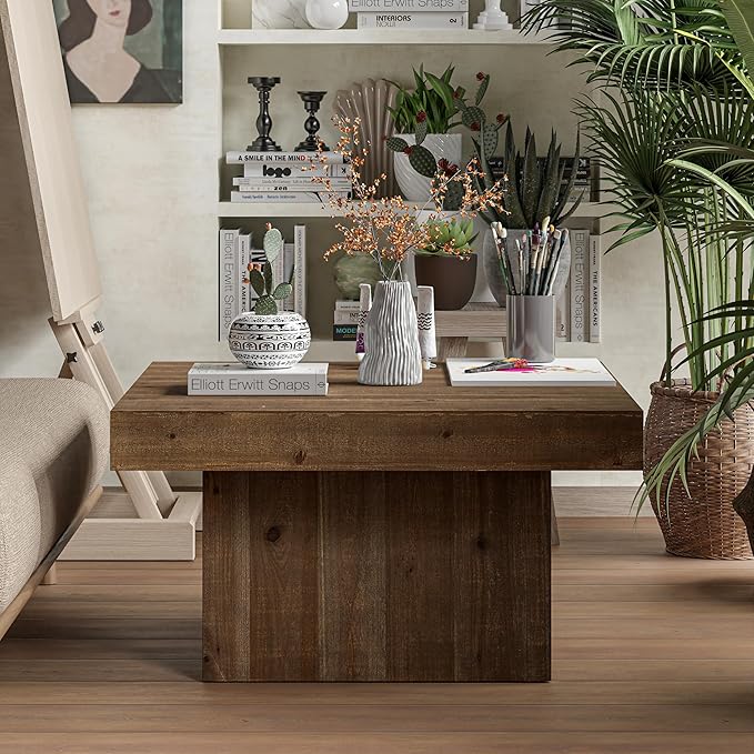 COZAYH Modern Farmhouse Wood Block Coffee Table, Rustic Square Table Chunk Table with Cubic Base for Family, Living Room, Lounge, Nature Wood Finish, Sturdy, Distressed, Rectangle