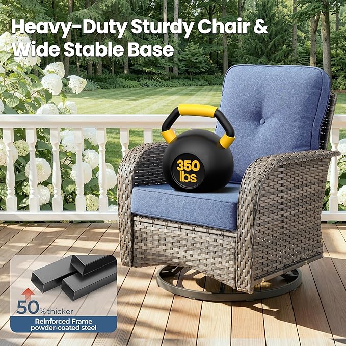 Weaxty 7 Pieces Patio Furniture Set,Wicker Outdoor Swivel Rocking Chairs,Rattan Loveseat Couch,Coffee Table,Patio Sofa Conversation Sets for Deck Backyard Porch Poolside, Denim Blue