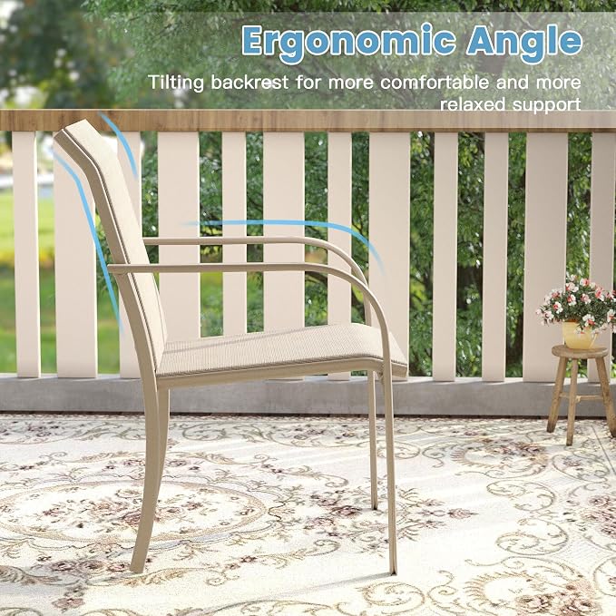 DIFY Patio Dining Set for 6, 7 Piece Outdoor Table and Chairs Set, 47.2" Grey Wood-Like Round Metal Patio Dining Table and 6 Sandshell Textilene Stackable Patio Chairs, for Backyard Garden Poolside - Image 7