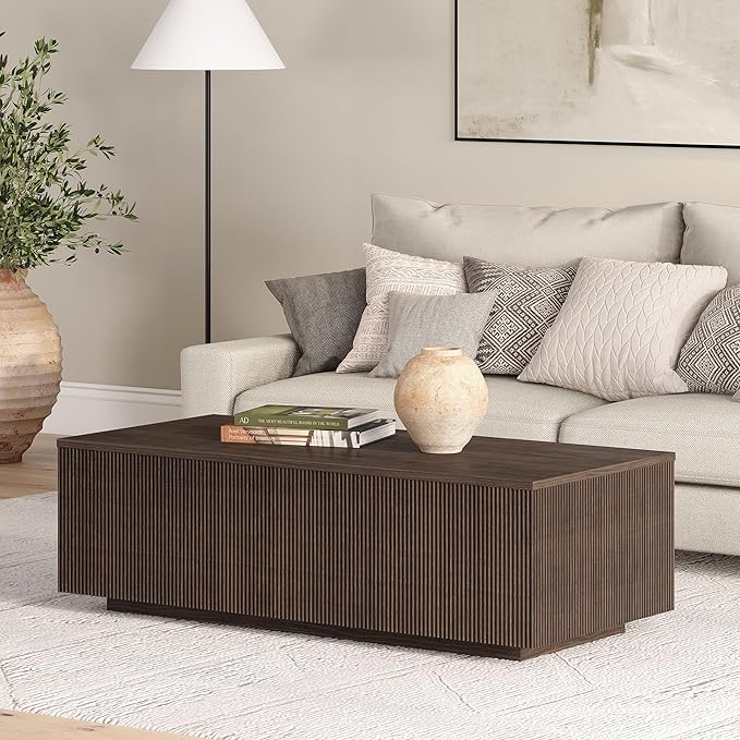 Henn&Hart 48" Fluted Rectangular Low-Profile Coffee Table with Ribbed Base for Living Room, Family Room, or Office, Warm Brown