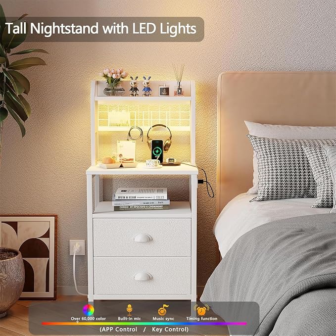 Furologee 40'' Tall Nightstand with Charging Station, Bedside Table with LED Lights, End Table with 2 Drawers and Storage Shelves, Night Stand with Pegboard for Bedroom, White - Image 6