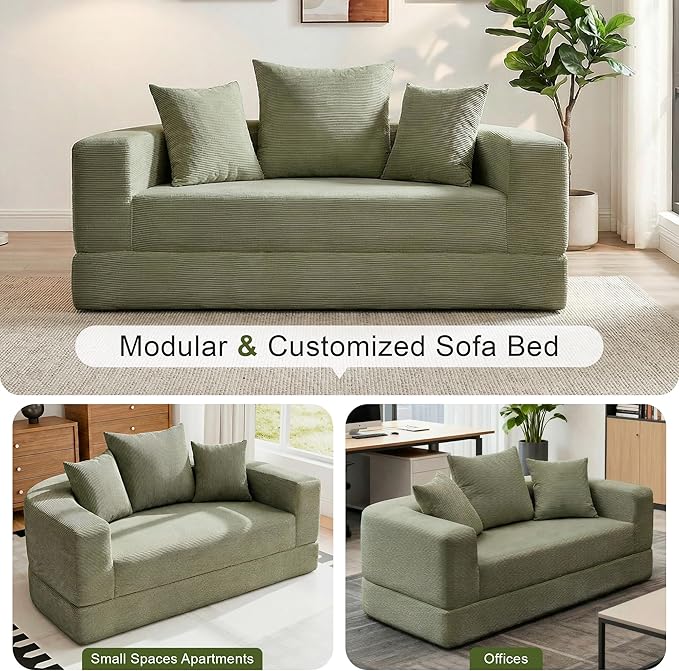 Casaphoria Convertible Folding Sofa Bed - 67 Inch Fold Out Guest Bed with Pillows for Small Spaces,Apartment Living Room Futon(Green)