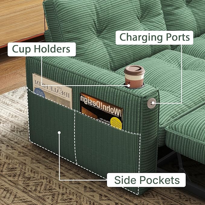 Rovibek 73.2" Convertible Sofa Bed, Pull Out Couch with USB Charging Port & Cup Holders, Adjustable Backrest, Side Pockets, Modern Corduroy Sleeper Sofa for Living Room, Bedroom, Apartment, Green