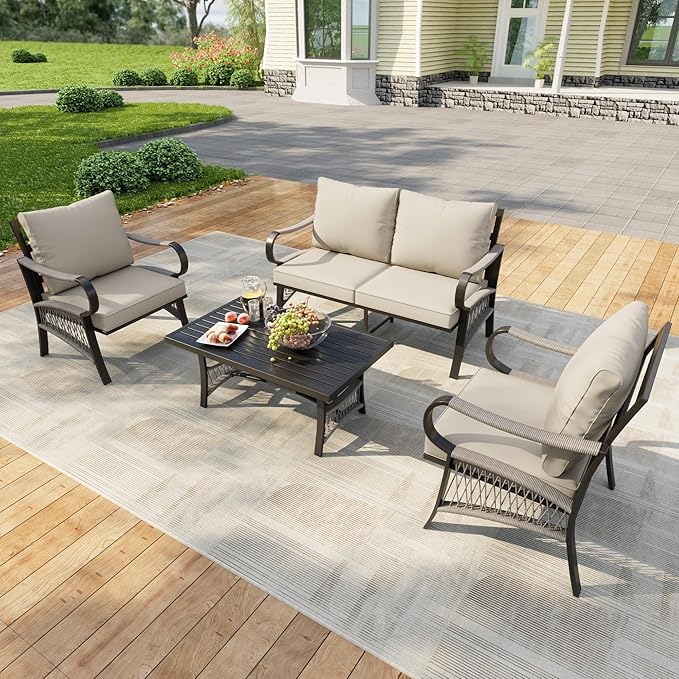 4 Pieces Patio Conversation Sets, Outdoor Furniture with Metal Waterproof 2 Single Chairs with 5" Extra Thick Cushion 1 Loveseat Sofa with Coffee Table, Beige