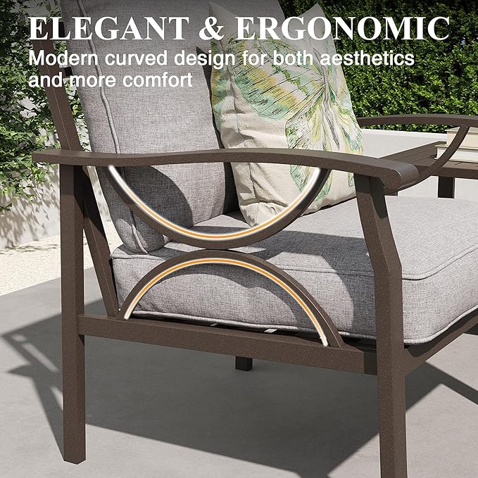 RoyalCraft Outdoor Patio Furniture Set, 7 Piece Patio Conversation Set with Coffee Table and Ottomans, Metal Furniture Set for Porch Backyard Garden, Grey