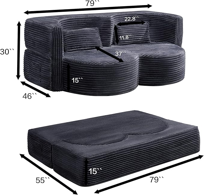 KEIKI 79" Convertible Floor Sofa Bed, Fold ‌Teddy Sleeper Cloud Couch with Storage & Deep Seat, Comfy Upholstery Curved Boneless Futon Couches, 2-in-1 Sofas for Living Room Bedroom, No Assembly, Gray