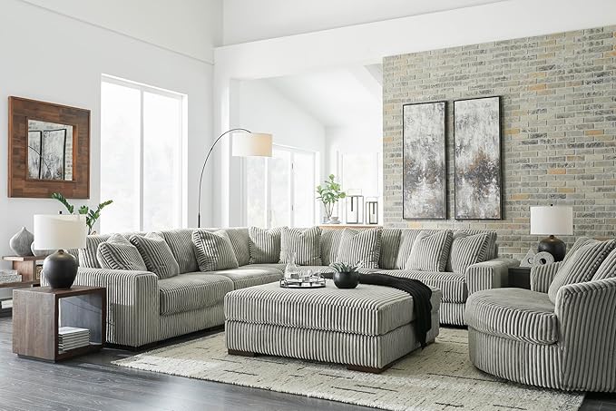 Signature Design by Ashley Lindyn Contemporary Oversized Accent Chair with 360-Degree Swivel, Feather Blend Throw Pillows, Corded Fabric, Gray