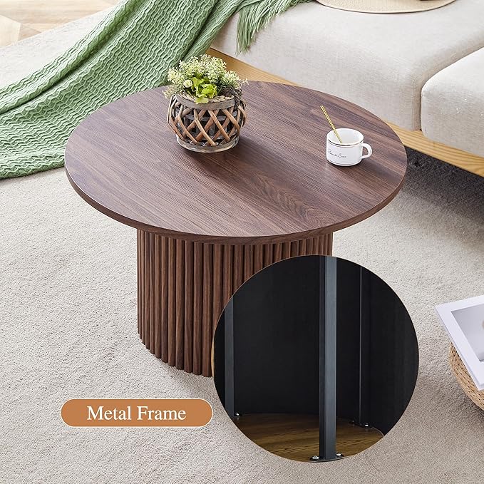 JUFU Round Coffee Table with Storage, 27.5IN Minimalist Fluted Coffee Table Circle Wood Center Table for Living Room (Walnut Coffee Table)