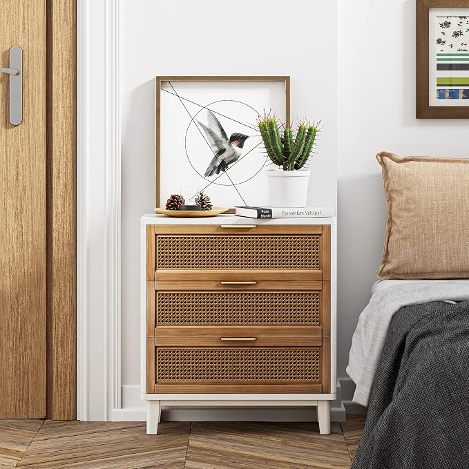 COZAYH Farmhouse 3-Drawer Nightstand, Rattan Cane Front Accent Dresser with Brass Pull, Distressed White - Image 4