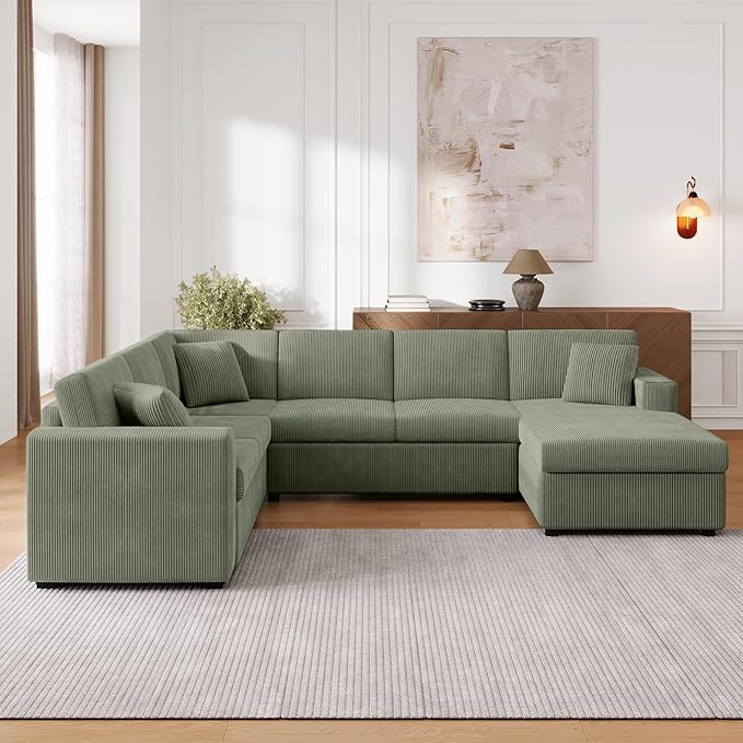Eafurn Oversized U Shaped Modular Sectional Sofa, 115" Oversized Corduroy Upholstered Couch with Spacious Chaise Lounge & 3 Throw Pillows for Living Room, Apartment, Office