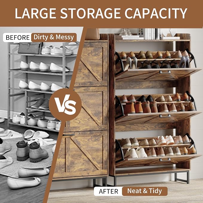 Shoe Cabinet with 3 Flip Drawers, Freestanding Hidden Shoe Storage Organizer for Entryway, Narrow Slim Shoe Rack Cabinet with Open Storage & Hooks for Front Door Entrance, Living Room, Hallway, Brown - Image 5