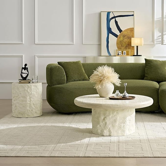 Coffee Table Set of 2, Round Fiberglass Imitation Stone Table Cement Rock Center Table witn Side Table for Living Room Apartment Office, 35.04"&15.75", No Need Assembly