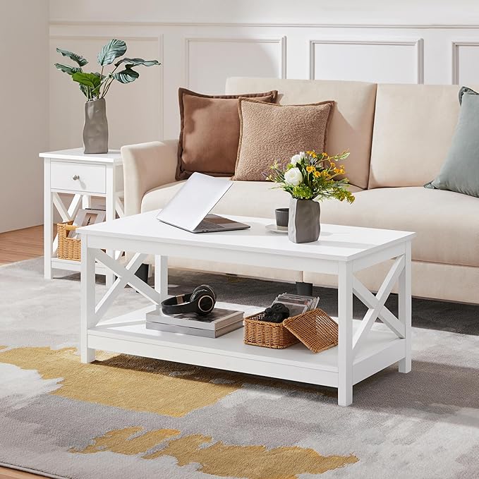 Yaheetech Wood 2-Tier White Coffee Table with Storage Shelf for Living Room, X Design Accent Cocktail Table, Simple Design Home Furniture, 39.5 x 20 x 18 Inches