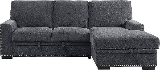 Lexicon Mid Century Modern Sectional Sleeper Sofa Bed Couch with Storage Chaise, Sectional Sofa Pull Out Couch Bed, Sectional Couch Lounge Sofa for Living Room Apartment, Right Side Chaise, Charcoal