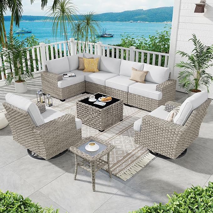ovios 9 Piece Patio Sectional Furniture with Swivel Rocking Chairs, Rattan Wicker Coversation Set with Glowing Coffee Table, Outdoor Sofa Set for Outside Porch Balcony Backyard Pool,Light Grey