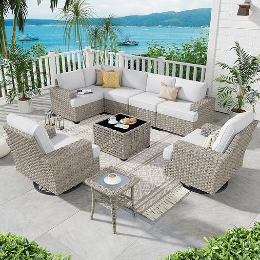 ovios 9 Piece Patio Sectional Furniture with Swivel Rocking Chairs, Rattan Wicker Coversation Set with Glowing Coffee Table, Outdoor Sofa Set for Outside Porch Balcony Backyard Pool,Light Grey