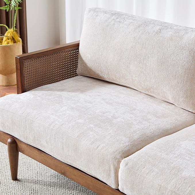 Merax 72" Spacious 2-Seater Sofa Couch with Armrests, Cane Rattan Wooden Frame Loveseat Sofa for Living Rooms, Bedrooms, Apartment, Office (Walnut+Beige)