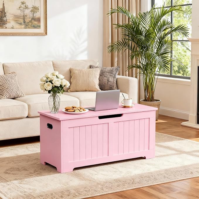 SUPER DEAL Storage Chest, 39 inches Chest Box Organizer with 2 Safety Hinges, Wooden Entryway Shoe Organizer Storage Bench, Pink - Image 9