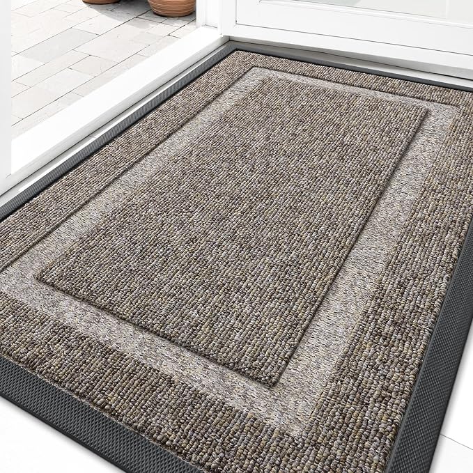 OLANLY Front Door Mat Indoor Outdoor Entrance, Waterproof All-Season, All-Weather Doormat, Sturdy Natural Rubber, Low Profile, Easy Clean Patio Porch Entryway Mat, 33x21, Khaki and White by OLANLY