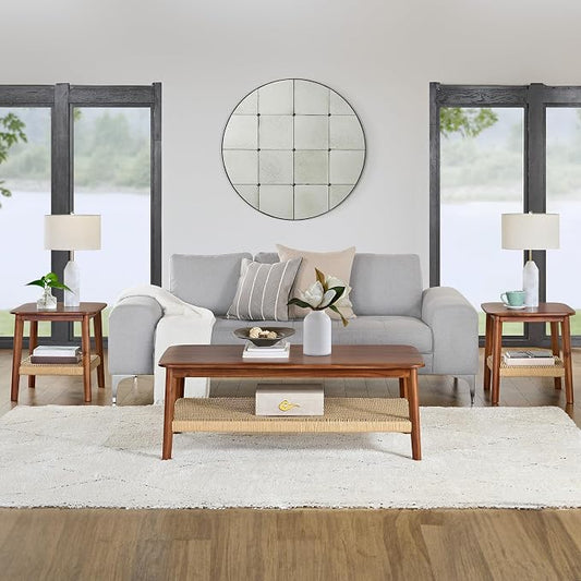 Alaterre Furniture Calais 3-Piece Solid Wood Coffee Table Set with 2 Side Tables – Mid Century Modern Living Room Tables with Woven Storage Shelves (Chestnut) by AlaterreFurniture