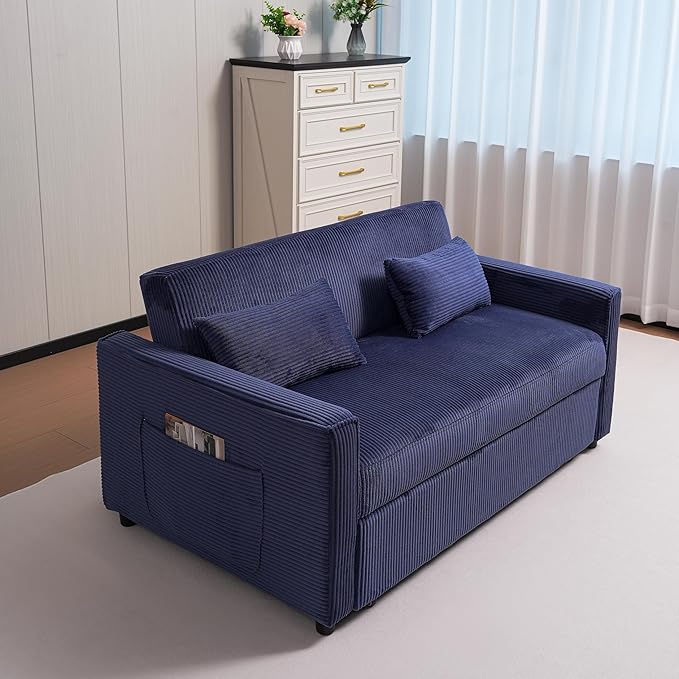 Ball & Cast 55" 3 in 1 Loveseat Futon Sofa-Bed,Convertible Pull Out Couch,Corduroy Upholstered Sleeper Sofa Bed with Adjustable Backrest,Side Pocket and 2 Pillows,Chaise Lounge for Living Room,Blue