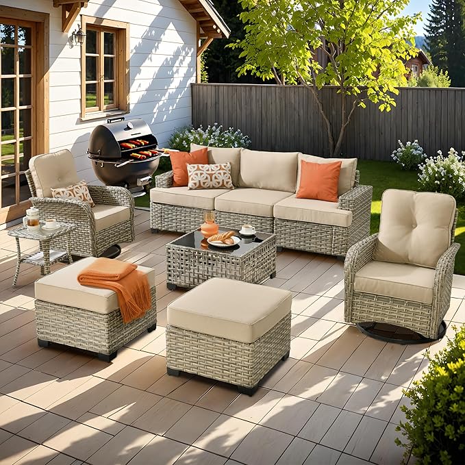 ovios 9 Piece Patio Sectional Furniture with Swivel Rocking Chairs, Rattan Wicker Coversation Set with Glowing Coffee Table, Outdoor Sofa Set for Outside Porch Balcony Backyard Pool, Beige