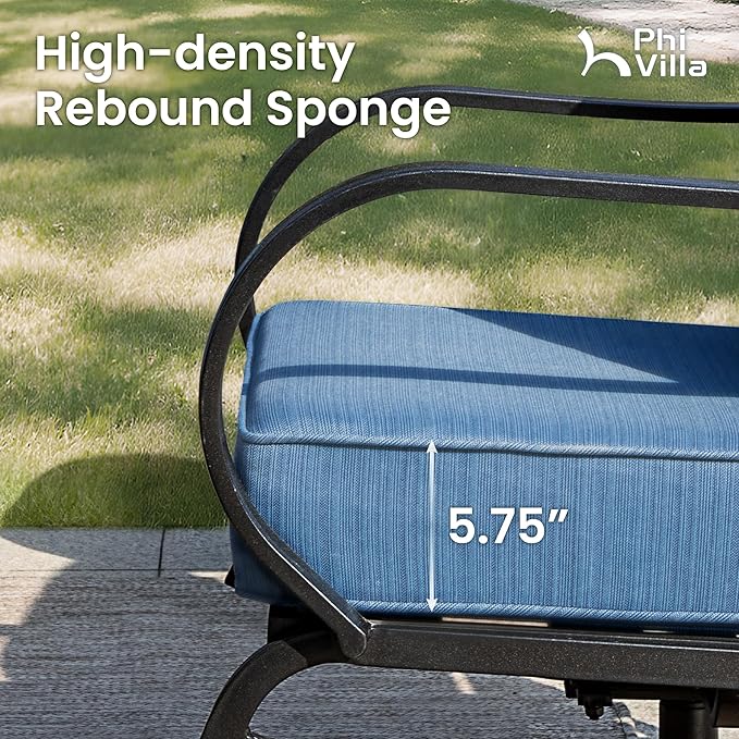 PHI VILLA 5 PCS Patio Furniture Set, Metal Deluxe Patio Set with 1 x 3 Seater Deep Seating Bench, 2 x Swivel Sofa Chairs & 2 x Metal Cushioned Ottoman, Outdoor for Garden, Peacock Blue