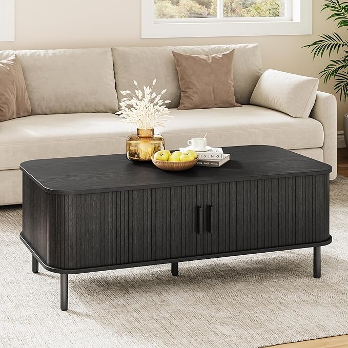 Coffee Table with Storage, 47.2" Mid Century Modern Coffee Tables for Living Room, Rectangle Wood Center Table with Sliding Tambour Door & Adjustable Leg for Living Room, Black