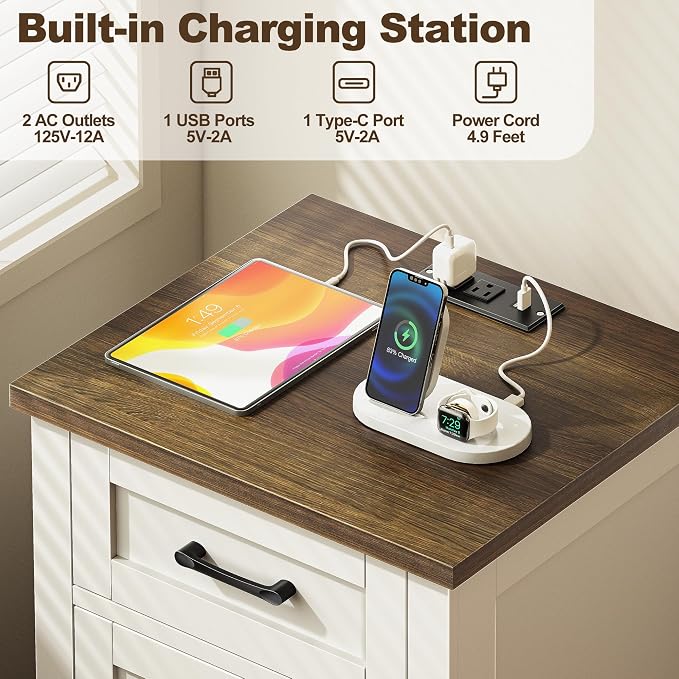 Decofy Farmhouse Nightstand with Charging Station, Set of 2 Modern End Tables with Large Storage & One Drawers, Outlets, USB Ports & Type-C Ports, Wood Rustic Nightstands for Bedroom (White + Walnut) - Image 5