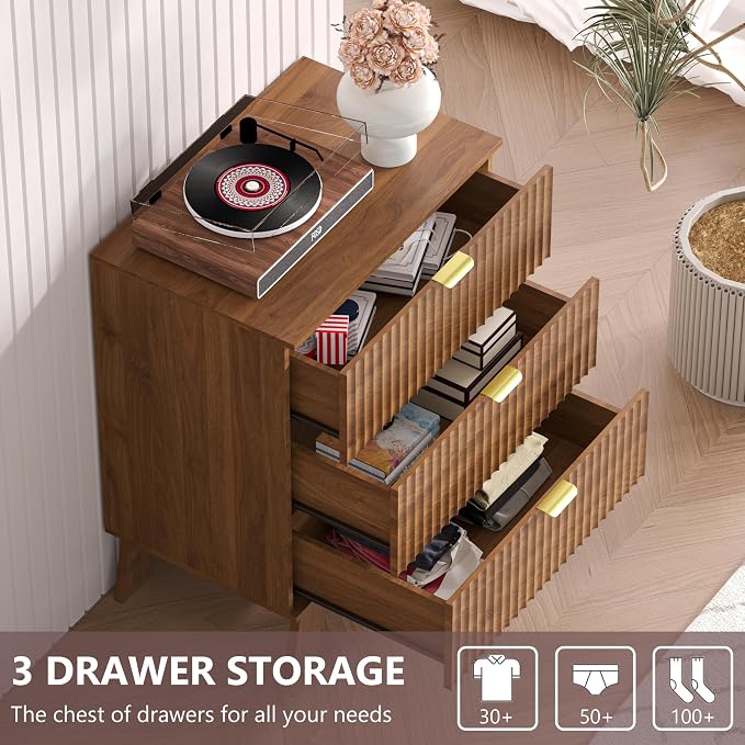Nightstand with 3 Large Drawers,24" Wide End Table with Curved Metal Handles,Fluted Wood Small Dresser,Bedside Table,Modern Chest of Drawers for Bedroom,Living Room, Walnut - Image 5
