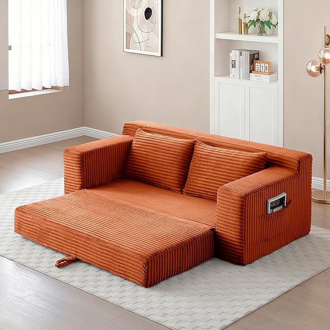 73" Convertible Sofa Bed, 2 in 1 Corduroy Folding Couch with Pillows, No Assembly Boneless Compression Sofa in Box, Loveseat with Side Storage Pocket for Apartment, Living Room, Orange