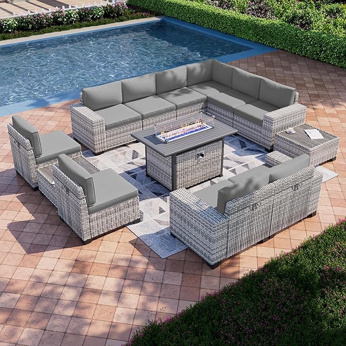 13-Piece Outdoor Patio Furniture Set with 55,000 BTU Fire Pit Table, Grey PE Wicker Rattan Sectional Sofa Patio Conversation Set with Coffee Table, Grey