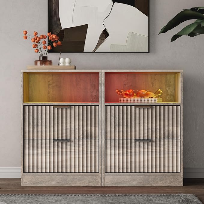 Wodeer LED Nightstand with Charging Station, Fluted Nightstand Set of 2, Wood Nightstands with 2 Drawers & Metal Handles, Modern Bedside Table & End Tables, Farmhouse Night Stands for Bedroom, Grey by WODEER