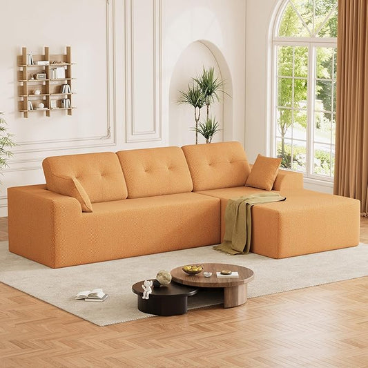Ball & Cast 106" Cloud Sectional Couch, Compressed L-Shaped Sofa with Deep Seat Chaise, Boneless No Assembly Modular Couch, Foam & Spring Support, 2 Boxes (Right Facing, Chenille Orange)