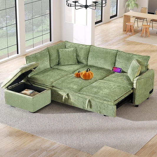 ERYE L-Shaped Corner Chenille Upholstered Sleeper Sectional Sofa Practical Convertible Sleep Sofabed W/Pull Out Sleep Couch Bed, Storage Ottoman and USB Charge Ports for Living Room