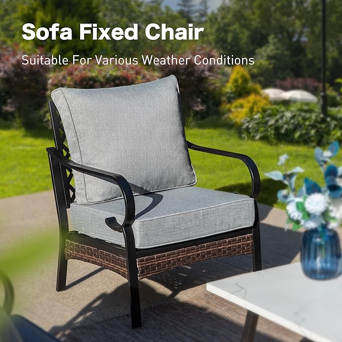 5 Piece Metal Outdoor Patio Furniture Set, Patio Conversation Set with 1 3-Seater Sofa, 2 Fixed Sofa with 5.75" Thick Cushion & Coffee Table, Black & Gray Backyard Furniture