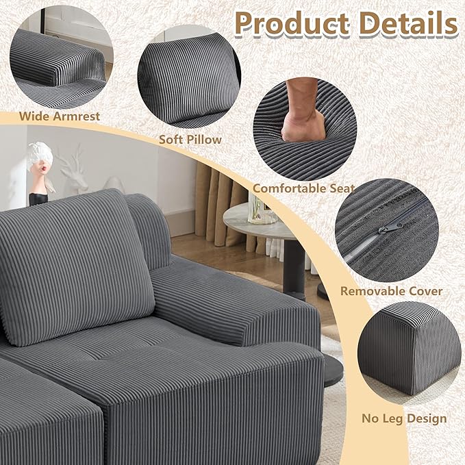 KIGOTY Modular Sectional Sofa,3 PCS Comfy Cloud Sectional Couch with Deep Seat, L-Shaped Corner Sofas with Ottoman, Modern Boneless Couch for Living Room, No Assembly Required,Grey