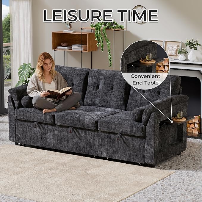 3 in 1 Convertible Sofa Bed, Chenille Pull Out Couch with Side Table, 3 Seat Pull Out Sofa Bed with Level Adjustable Backrest, Comfy Sleeper Sofas for Living Room, Apartment, Black