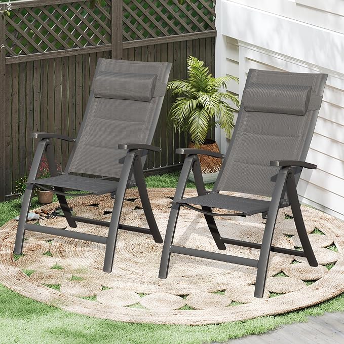 Domi Patio Folding Chairs Set of 2, Outdoor Reclining Chairs Set with Moveable Headrest, Aluminum Frame Outdoor Portable Chairs with Adjustable High Backrest and Padded Textilene Fabric Seat by domioutdoorliving