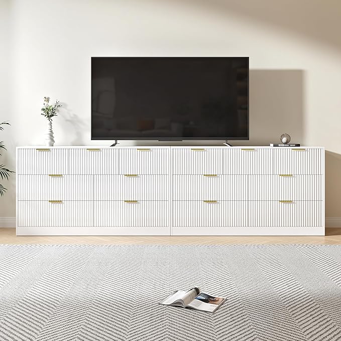 White Dresser Set of 2, Long Dresser for Bedroom Wooden with 14 Drawers, Fluted Modern Bedroom Furniture Set, TV Stand Dressers & Chests of Drawers for Closet (15.7"D x 110.2"W x 31.8"H)