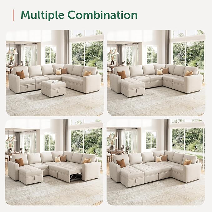 HONBAY Sectional Sleeper Sofa Couch with Pull Out Bed, Convertible L Shaped Couch with Storage, Sleeper Sectional Sofa Bed for Living Room, Beige